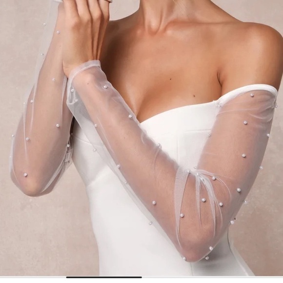Lulus Eternally Beloved White Mesh Off-the-Shoulder Pearl Maxi Dress Large # - Picture 2 of 6
